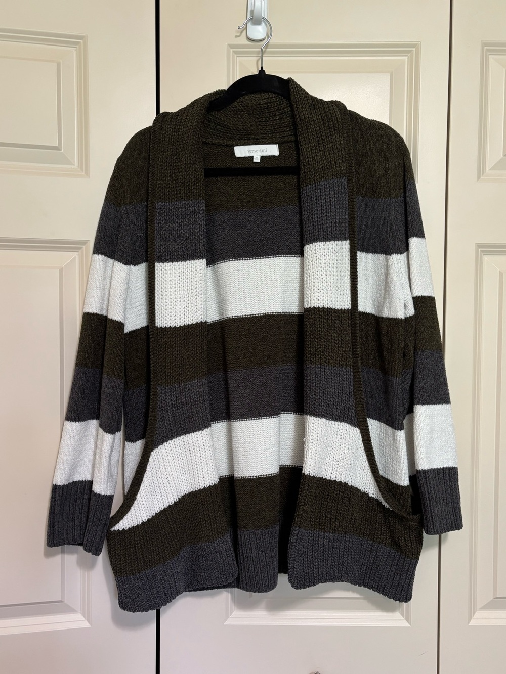 Verve Ami Olive, Gray & White Striped Open-Front Cardigan